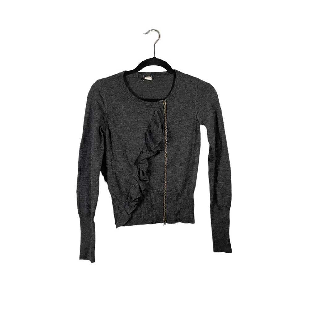J. Crew Grey Knit Wool Full Zip Up Preppy Sweater w/ Ruffle Accent